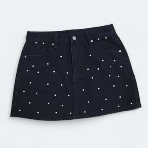 Shein Black Denim Mini Jeans Skirt with Pearls Size Small